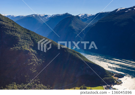 Fjord landscape Aurlandsfjord in Norway 136045896