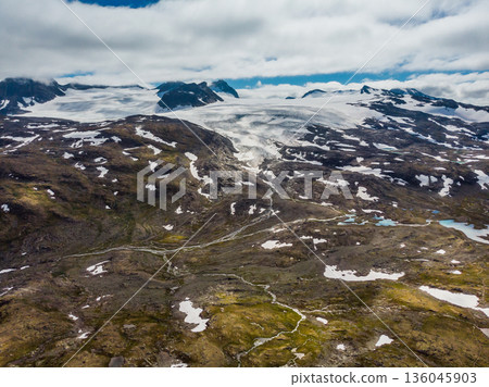 Mountains with snow and glaciers. Road Sognefjellet, Norway Mountains with snow and glaciers. Road Sognefjellet, Norway 136045903