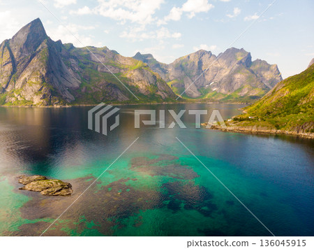 Fjord and mountains landscape. Lofoten islands Norway Fjord and mountains landscape. Lofoten islands Norway 136045915