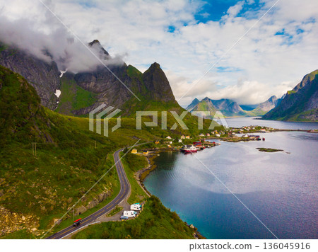 Fjord and mountains landscape. Lofoten islands Norway Fjord and mountains landscape. Lofoten islands Norway 136045916