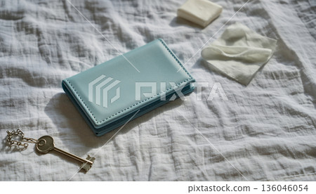 一個淺藍色錢包、鑰匙和手帕放在乾淨的亞麻布上。 136046054