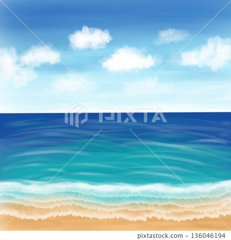Tranquil seascape: blue ocean, turquoise water, and bright sky over a calm beach Tranquil seascape: blue ocean, turquoise water, and bright sky over a calm beach 136046194