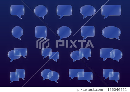 Glassmorphism speech bubbles set with blue transparent glossy frames vector illustration. Glassmorphism speech bubbles set with blue transparent glossy frames vector illustration. 136046331