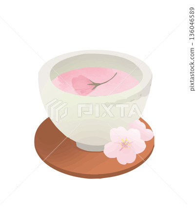 Sakura tea and teacups - A Japanese-style illustration of a spring celebration 136046589