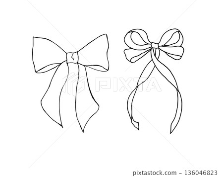 Vector bow with long ribbon. Graphic festive gift, hand drawn illustration isolated on background. Botanical and wedding, baby clip art. For greeting card, wallpaper, wrapping paper design, textile 136046823