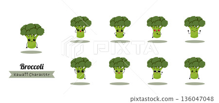 Kawaii Broccoli Character Set With Different Emotions Kawaii Broccoli Character Set With Different Emotions 136047048