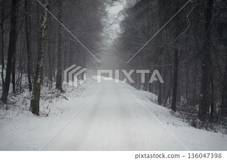 Snowy winter road. Dangerous car driving in the mountains in the winter. Concept for transportation, cars and travel. 136047398