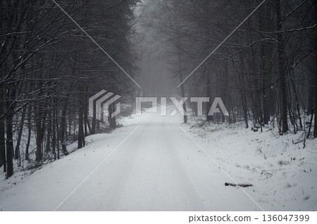 Snowy winter road. Dangerous car driving in the mountains in the winter. Concept for transportation, cars and travel. Snowy winter road. Dangerous car driving in the mountains in the winter. Concept for transportation, cars and travel. 136047399