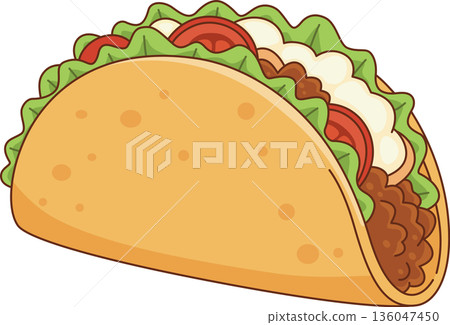 Hand Drawn Minimalist Illustration of a Delicious Mexican Taco with Meat, Lettuce, and Tomatoes for Food and Restaurant Design Hand Drawn Minimalist Illustration of a Delicious Mexican Taco with Meat, Lettuce, and Tomatoes for Food and Restaurant Design 136047450