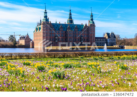 View of Frederiksborg castle in Hillerod, Denmark. Beautiful lake and garden with crocuses and daffodils on a foreground 136047472