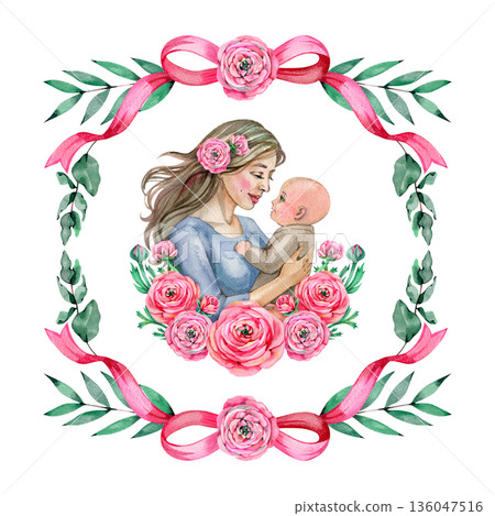 Watercolor portrait of a mother holding her baby, surrounded by pink ranunculus flowers. The scene is framed by a square botanical wreath with eucalyptus leaves and pink ribbons. Gentle motherhood art Watercolor portrait of a mother holding her baby, surrounded by pink ranunculus flowers. The scene is framed by a square botanical wreath with eucalyptus leaves and pink ribbons. Gentle motherhood art 136047516