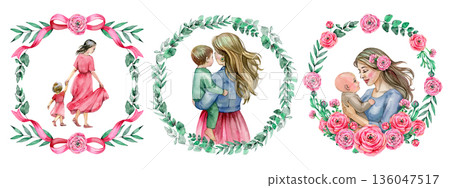 Watercolor collection for Mother's Day featuring three circular floral compositions: a mother with a daughter, a mother holding a son, and a mother with a baby, all framed by botanical wreaths. Watercolor collection for Mother's Day featuring three circular floral compositions: a mother with a daughter, a mother holding a son, and a mother with a baby, all framed by botanical wreaths. 136047517