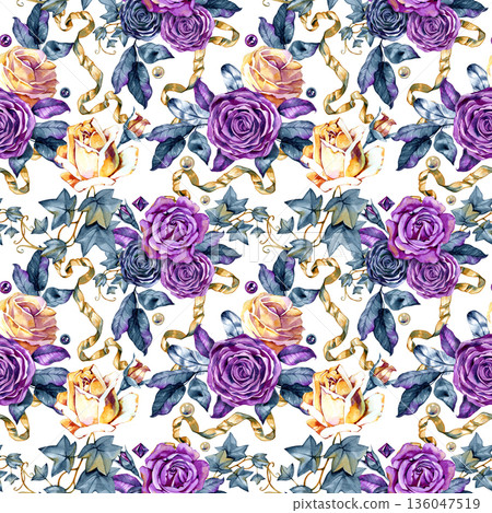 Luxurious seamless watercolor pattern combining roses, feathers and decorative ribbons in a ballet-inspired floral arrangement. Perfect for elegant textiles, wallpapers, wedding stationery and premium 136047519