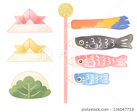 Carp streamers, kashiwamochi rice cakes, and origami helmets - Children's Day illustrations 136047719