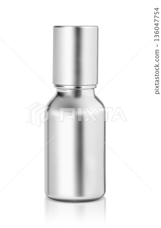 Premium silver metallic bottle isolated on white. Sleek container for essential oils, perfumes, or cosmetics for luxury product branding mock-ups 136047754