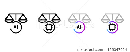 AI justice legal ethics icon balance scales with artificial intelligence symbol for digital law judicial automated court decision making regulatory compliance technology AI justice legal ethics icon balance scales with artificial intelligence symbol for digital law judicial automated court decision making regulatory compliance technology 136047924