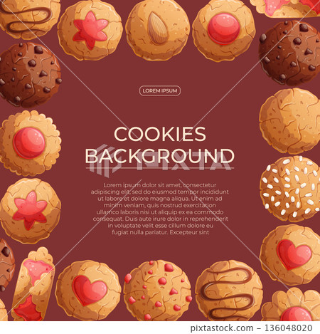 Colorful background with delicious cookies. The concept of confectionery, baking, cooking. Vector illustration for the design of posters, flyers, postcards, invitations 136048020