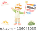 Boy wearing a helmet and holding a carp streamer - Children's Day 136048035