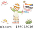 Boy wearing a helmet and holding a carp streamer - Children's Day 136048036