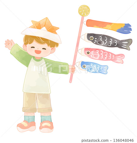 戴著頭盔、手持鯉魚擬餌的男孩-兒童節 戴著頭盔、手持鯉魚擬餌的男孩-兒童節 136048046