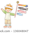Boy wearing a helmet and holding a carp streamer - Children's Day 136048047