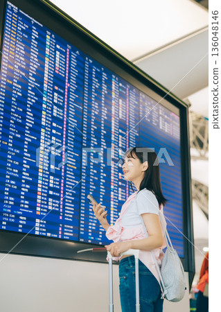 一名女子正在機場觀看電子顯示器(照片由關西國際機場(KIX)提供) 一名女子正在機場觀看電子顯示器(照片由關西國際機場(KIX)提供) 136048146