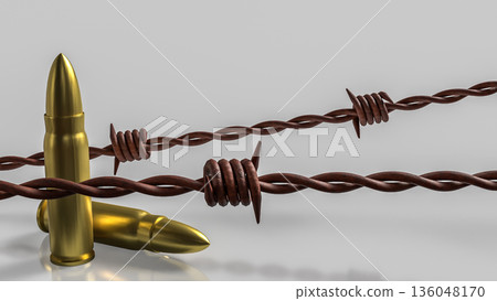 Bullets Trapped in Barbed Wire Concept of Conflict and Restriction 3d render. Bullets Trapped in Barbed Wire Concept of Conflict and Restriction 3d render. 136048170