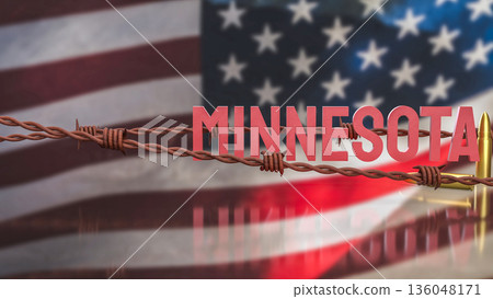 Minnesota State Name with Barbed Wire and Bullet Concept 3d render. Minnesota State Name with Barbed Wire and Bullet Concept 3d render. 136048171