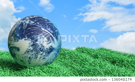 Planet Earth on Green Grass Under Blue Sky Concept 3d render. 136048174