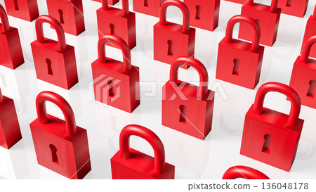 Rows of Red Padlocks Symbolizing Security and Restricted Access Concept 3d render. 136048178