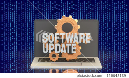 Laptop Software Update Technology Concept With Gears And Binary Code 3d render. 136048189