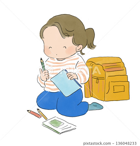 一幅簡單的插圖，描繪了一名小學生準備上學的情景。 136048233