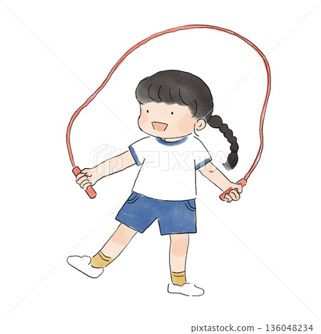 Illustration of a cheerful elementary school student playing with a skipping rope Illustration of a cheerful elementary school student playing with a skipping rope 136048234