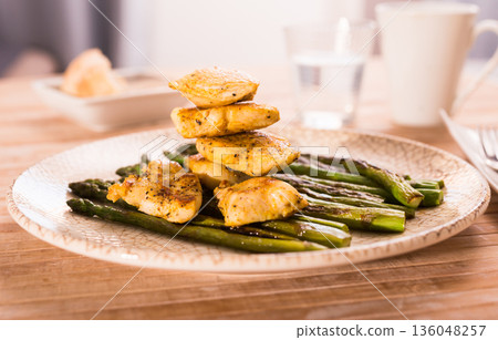 dietary meal rich in protein. Stir fried chicken breast and green asparagus dietary meal rich in protein. Stir fried chicken breast and green asparagus 136048257