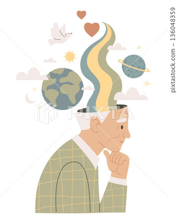Mental Wellness. Elderly Man Thinker with Rainbow Stream, White Dove, Earth and Planets. Concept Senior Mindfulness Wisdom and Health Awareness, Life Wisdom and Time. Vector Flat Illustration. Not AI 136048359
