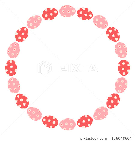 Cute round Easter vector frame with pink and red painted eggs with flowers, Circle border for spring backgrounds Cute round Easter vector frame with pink and red painted eggs with flowers, Circle border for spring backgrounds 136048604