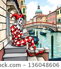 The Joker eats an ice cream while sitting on the steps overlooking the Venice canal. 136048606