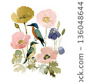 A watercolor illustration of two colorful birds among blooming flowers.  136048644