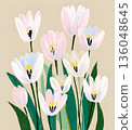 Abstract painting of white and pink tulip flowers with green leaves.  136048645