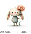 A watercolor illustration of a cute bunny holding a large pink flower and smiling happily.  136048668