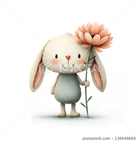 A watercolor illustration of a cute bunny holding a large pink flower and smiling happily.  136048668