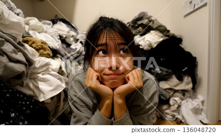 A woman staring at a pile of laundry, overwhelmed by the amount of housework she has to do 136048720