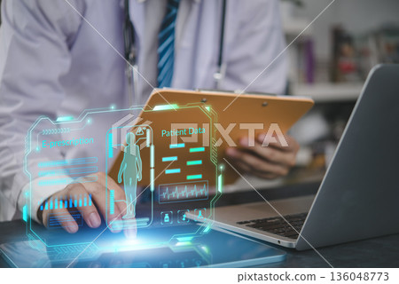 Doctor using futuristic tablet with hologram patient data, e-prescription. Medical technology innovation, digital healthcare records, virtual diagnosis analysis, EKG heartbeat in modern clinic. 136048773