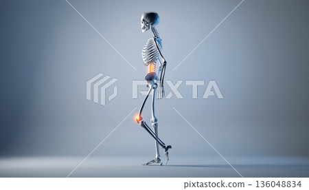 患有背痛和膝痛的女性的骨骼圖像（側視圖） 136048834
