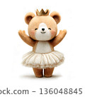 Cute brown cartoon teddy bear wearing a golden crown and tutu skirt standing happily with his arms raised. 136048845
