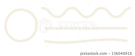 Set of strings and round frame of pearls isolated on white background. Threads of beads for luxury bracelet, choker or necklace. Beautiful jewelry elements. Vector realistic illustration Set of strings and round frame of pearls isolated on white background. Threads of beads for luxury bracelet, choker or necklace. Beautiful jewelry elements. Vector realistic illustration 136048918