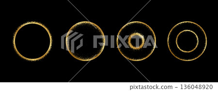 Set of golden rings with noisy texture. Gold round shapes with spray, scattered or mezzotint brush effect borders isolated on black background. Solar eclipse concept. Vector illustration Set of golden rings with noisy texture. Gold round shapes with spray, scattered or mezzotint brush effect borders isolated on black background. Solar eclipse concept. Vector illustration 136048920