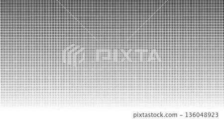 Faded halftone background. Monochrome polka dot pattern. Wallpaper with noise, grain, pixel or bitmap texture. Modern gritty print. Comic page template. Vector graphic illustration 136048923