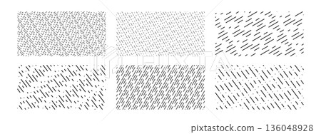 Set of patterns with black diagonal interrupted lines and dots on white background. Rain, storm or downpour prints. Rainy weather wallpapers. Abstract minimalistic design. Vector graphic illustration Set of patterns with black diagonal interrupted lines and dots on white background. Rain, storm or downpour prints. Rainy weather wallpapers. Abstract minimalistic design. Vector graphic illustration 136048928