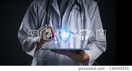 AI, healthcare physician taps a tablet to analyze medical data, sync to cloud EHR, improve security, and support telemedicine workflows for smart diagnostics and efficient clinical decisions AI, healthcare physician taps a tablet to analyze medical data, sync to cloud EHR, improve security, and support telemedicine workflows for smart diagnostics and efficient clinical decisions 136048938